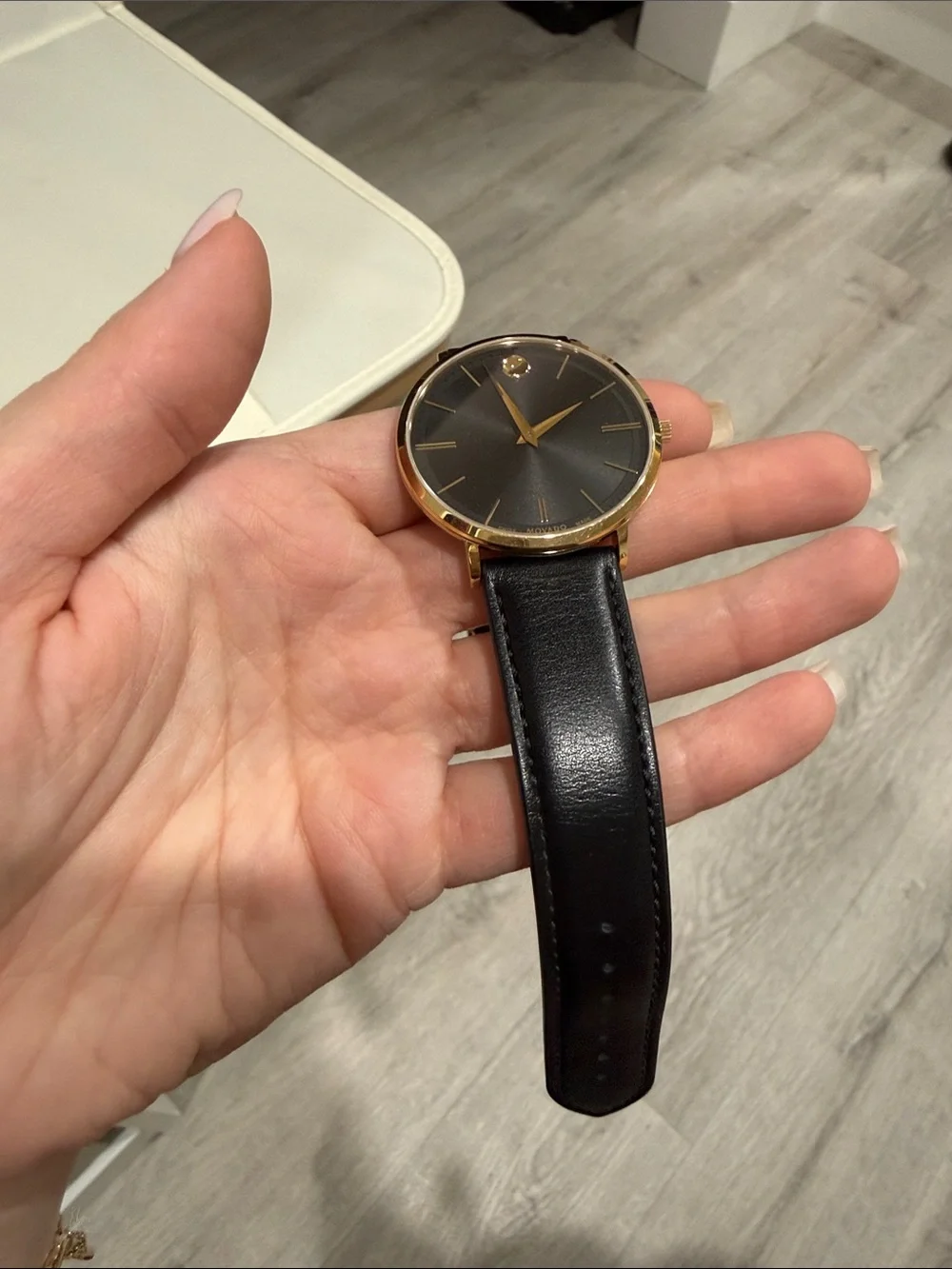 Movado Black Dial Gold-Tone Case Men's Watch with Black Leather Strap
